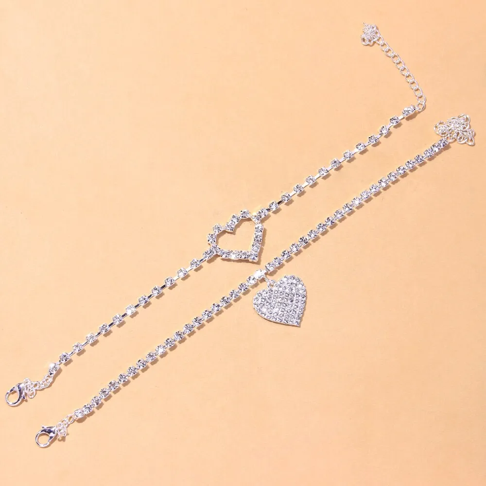 2pcs set Heart Rhinestone Anklets Foot Bracelet Summer Beach Chain