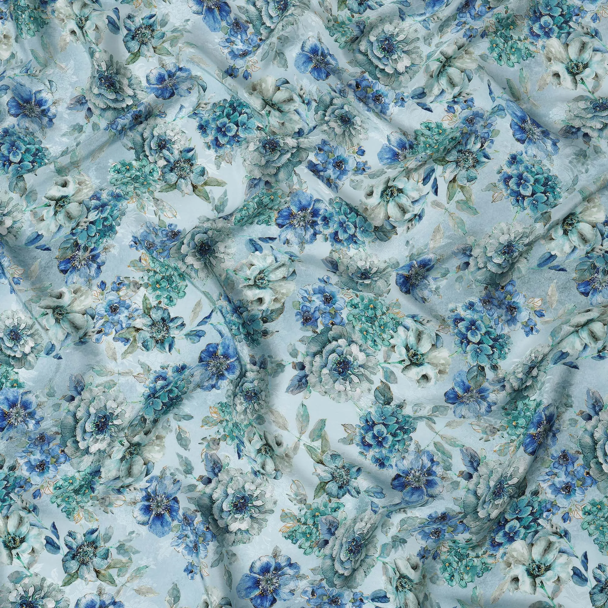 Aqua Blue Viscose Crepe Printed Fabric with Blue and Green Floral Design, 110 cm Width-D20457