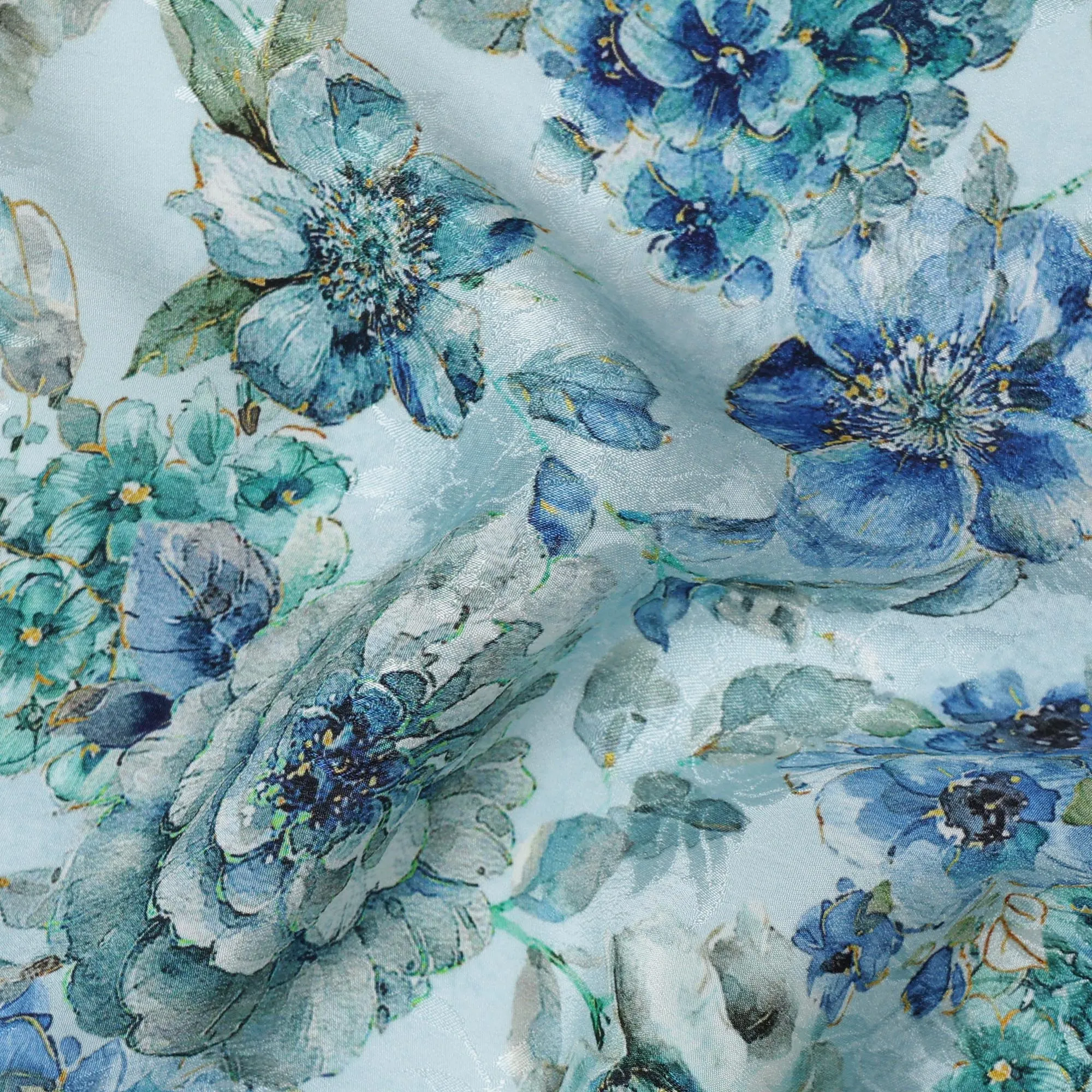 Aqua Blue Viscose Crepe Printed Fabric with Blue and Green Floral Design, 110 cm Width-D20457