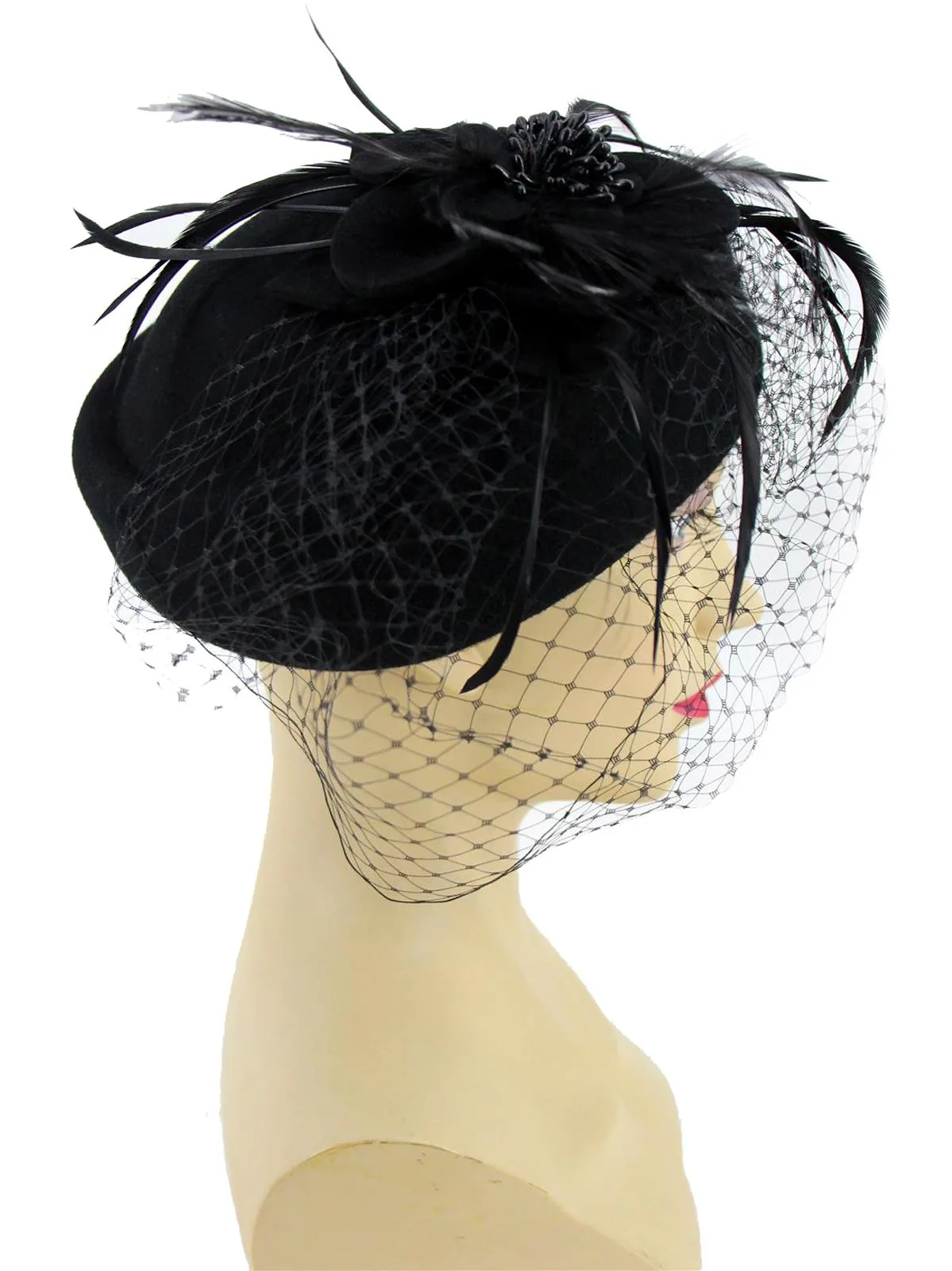 Black Vintage Style Feather Trim Pillbox Hat