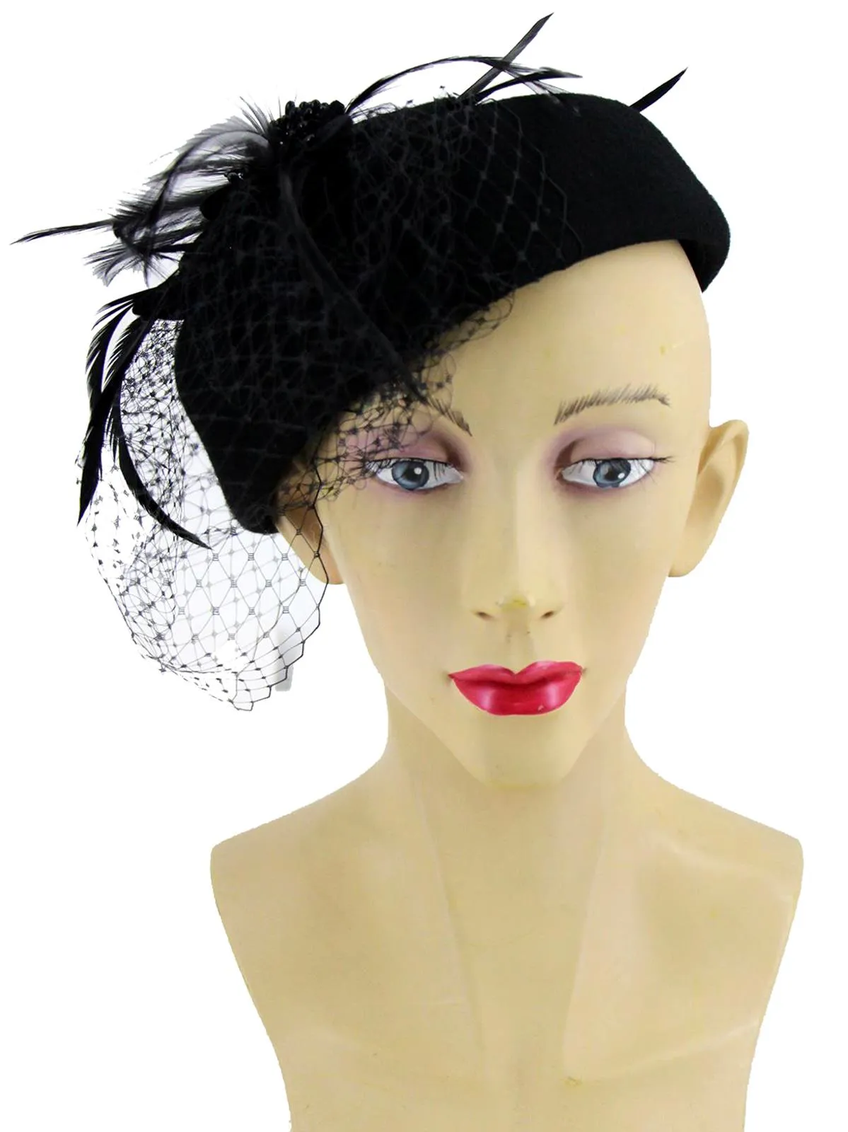 Black Vintage Style Feather Trim Pillbox Hat