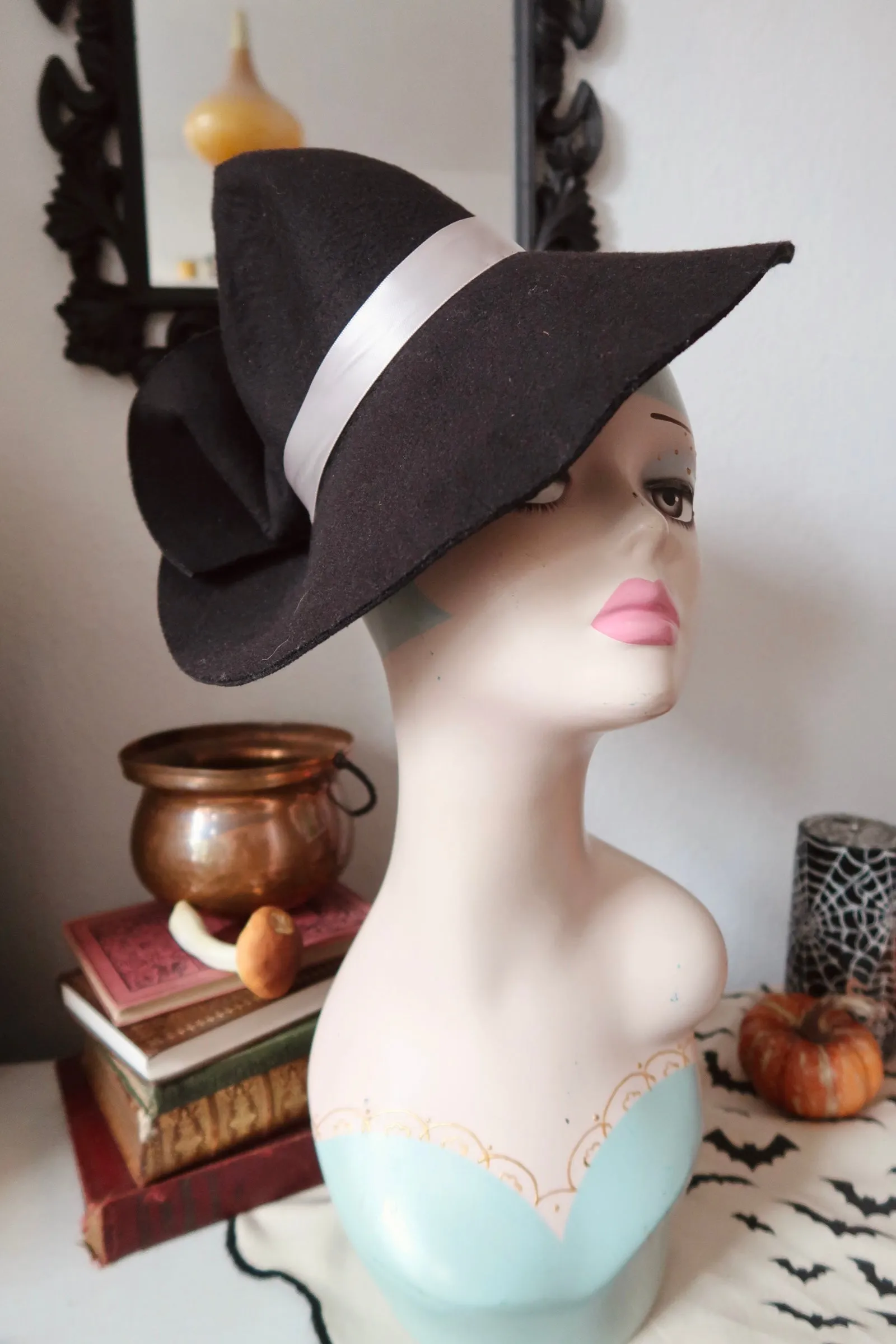 Black Vintage Style Witch Hat (Refashioned) with Grey Ribbon