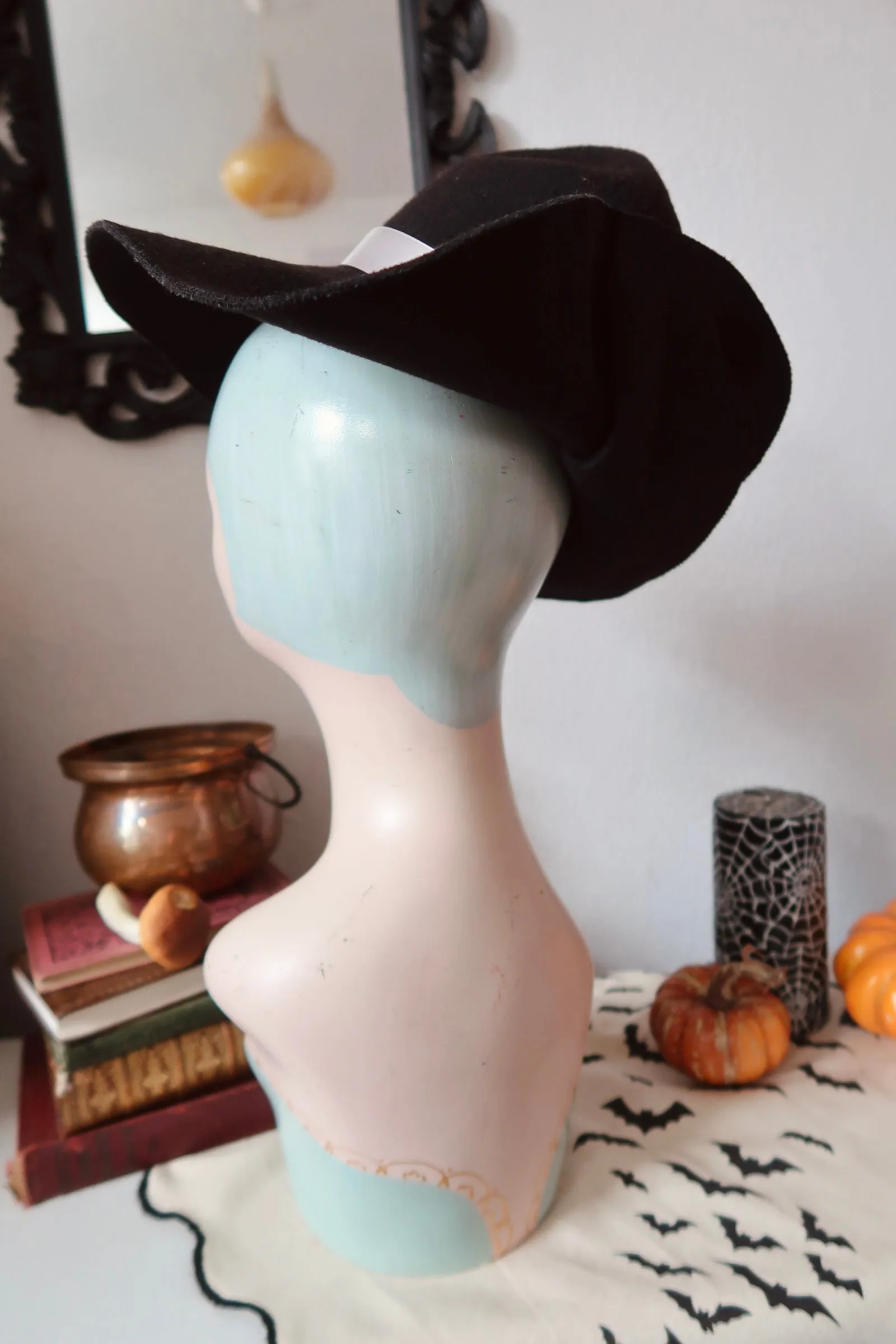 Black Vintage Style Witch Hat (Refashioned) with Grey Ribbon