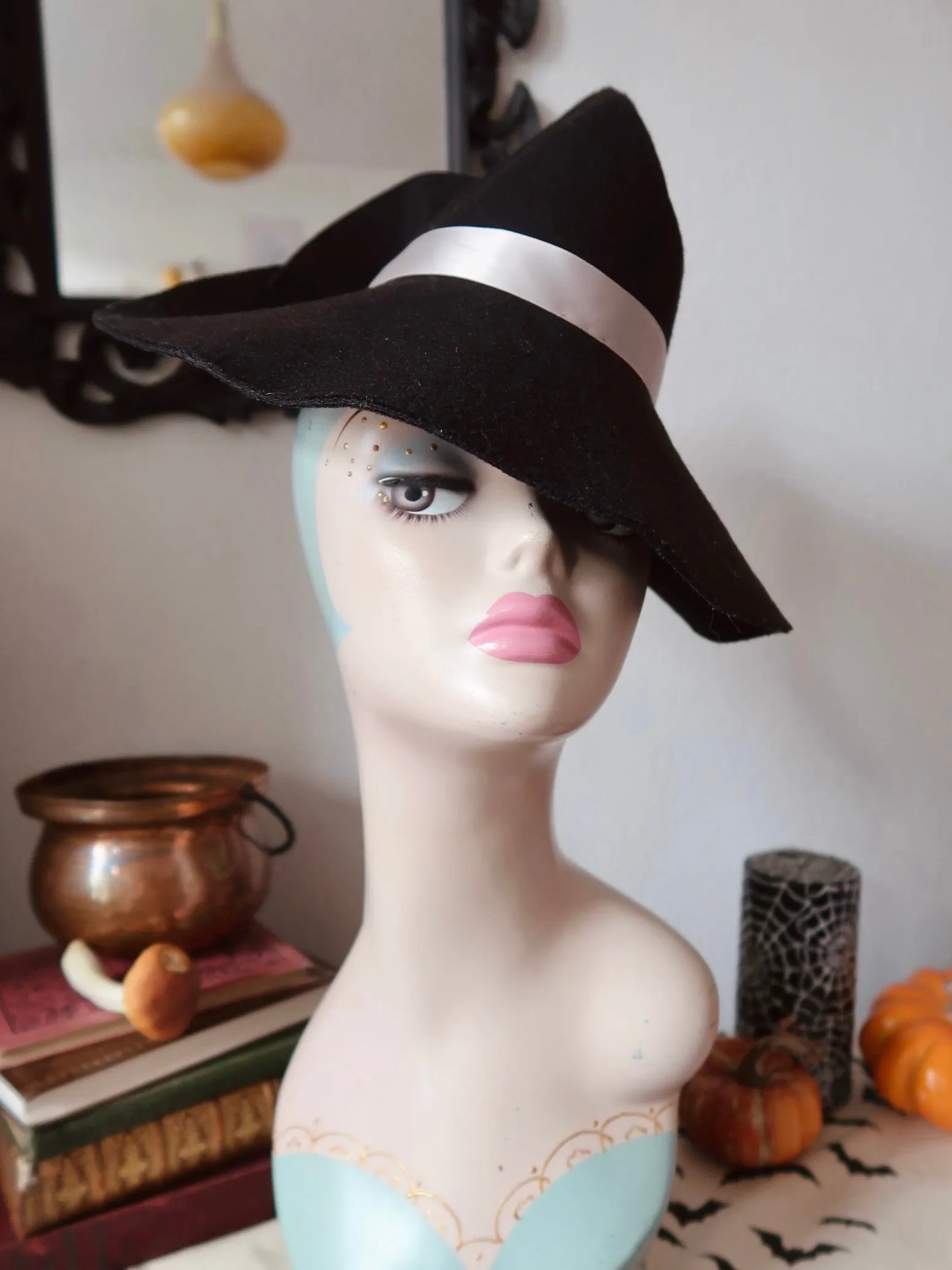 Black Vintage Style Witch Hat (Refashioned) with Grey Ribbon