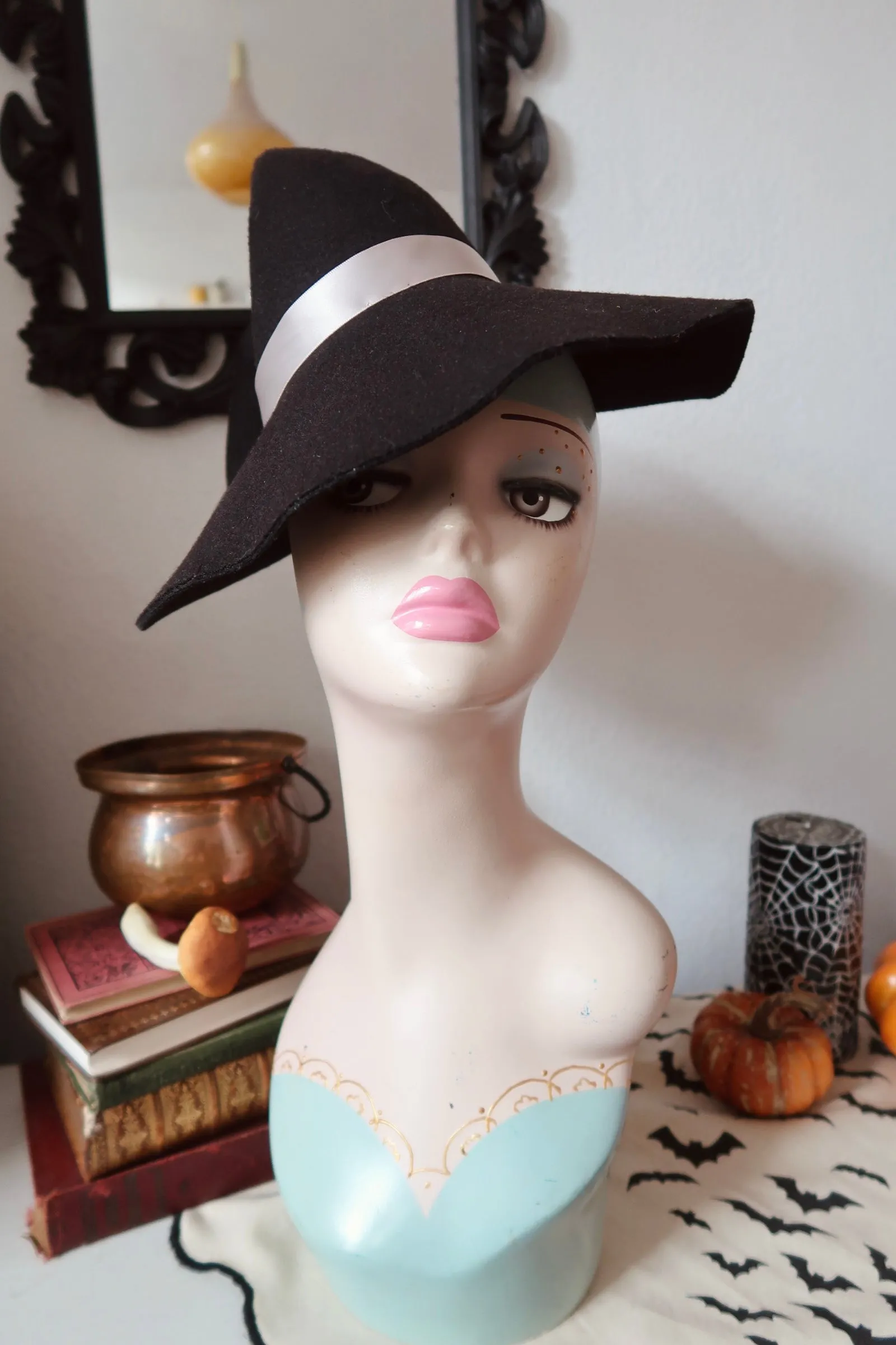 Black Vintage Style Witch Hat (Refashioned) with Grey Ribbon