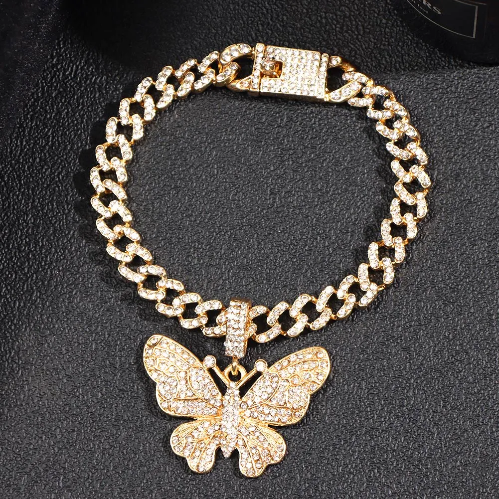 Bling Rhinestone Butterfly Cuban Anklets Bracelet Chunky Cuban Anklet