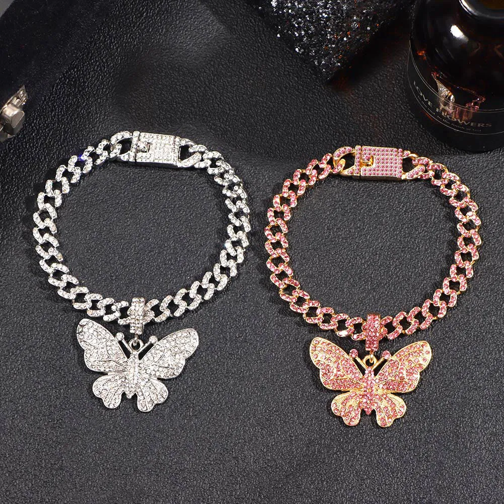 Bling Rhinestone Butterfly Cuban Anklets Bracelet Chunky Cuban Anklet