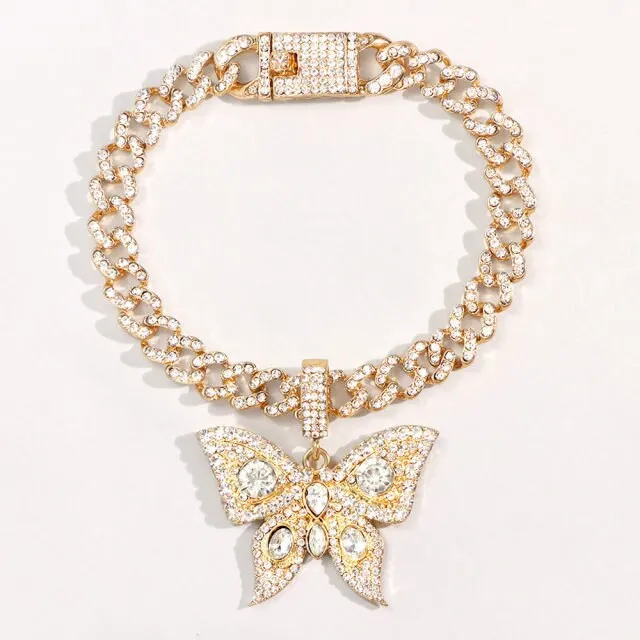 Bling Rhinestone Butterfly Cuban Anklets Bracelet Chunky Cuban Anklet