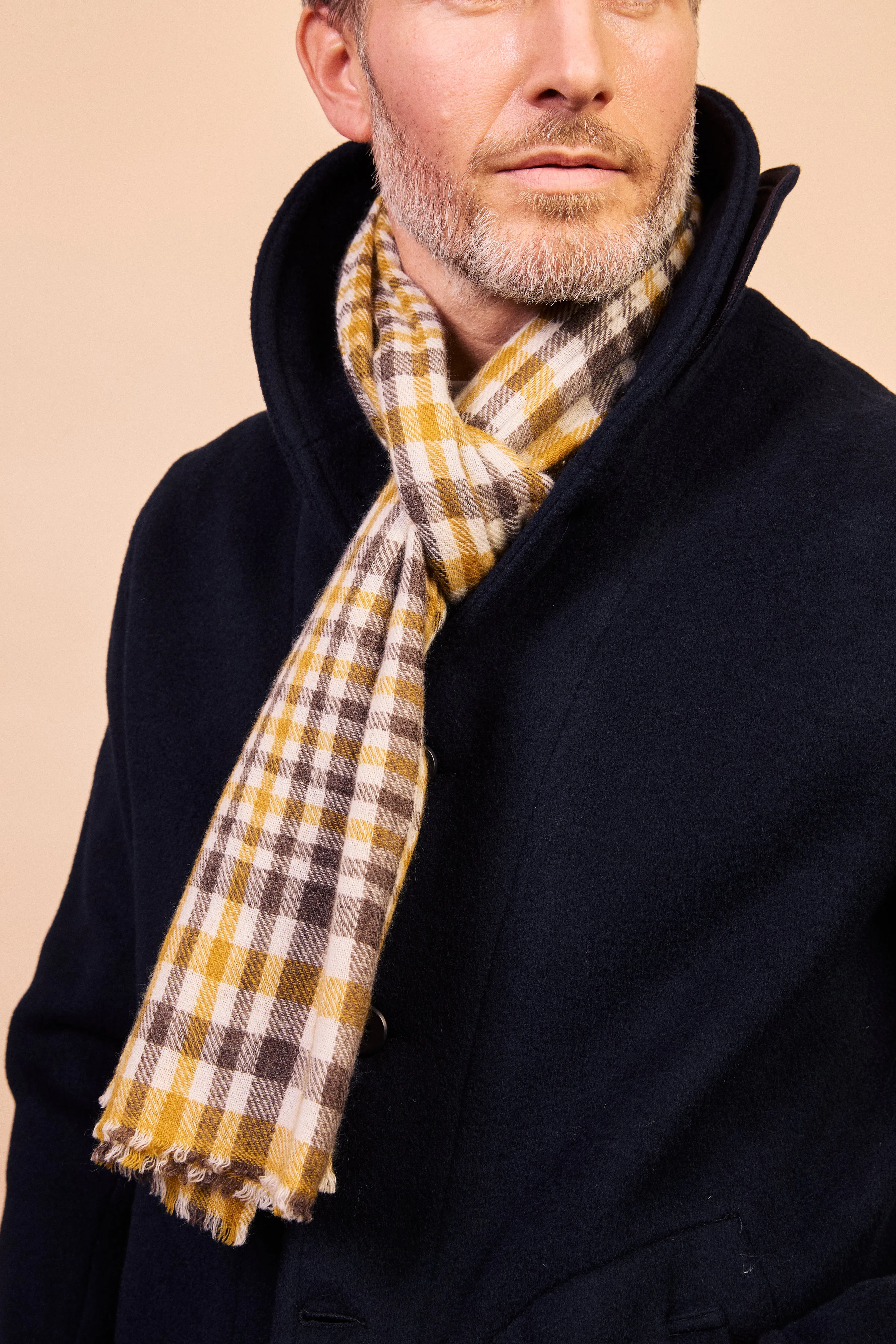 Cashmere & Merino Wool Scarf - Tartan Mustard & Brown