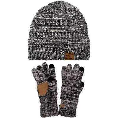 C.C YJ816G816 - Unisex Soft Stretch Cable Knit Three Tone Beanie and Anti-Slip Touchscreen Gloves Set