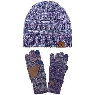 C.C YJ816G816 - Unisex Soft Stretch Cable Knit Three Tone Beanie and Anti-Slip Touchscreen Gloves Set