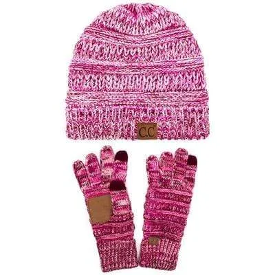 C.C YJ816G816 - Unisex Soft Stretch Cable Knit Three Tone Beanie and Anti-Slip Touchscreen Gloves Set