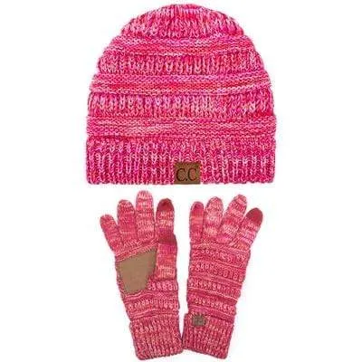 C.C YJ816G816 - Unisex Soft Stretch Cable Knit Three Tone Beanie and Anti-Slip Touchscreen Gloves Set