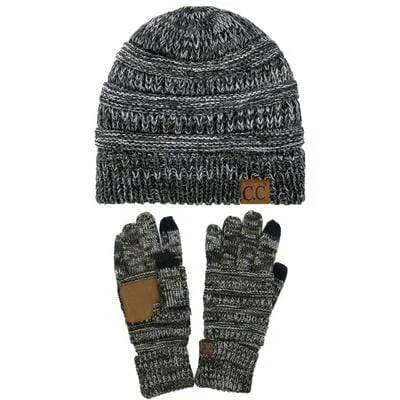 C.C YJ816G816 - Unisex Soft Stretch Cable Knit Three Tone Beanie and Anti-Slip Touchscreen Gloves Set