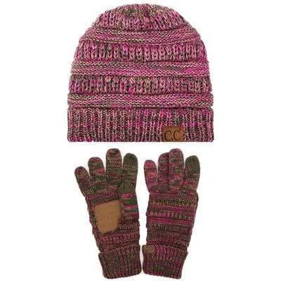 C.C YJ816G816 - Unisex Soft Stretch Cable Knit Three Tone Beanie and Anti-Slip Touchscreen Gloves Set