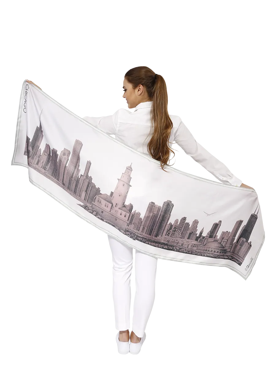 CHICAGO Skyline Art 100% Silk Stole Scarf in Blush White