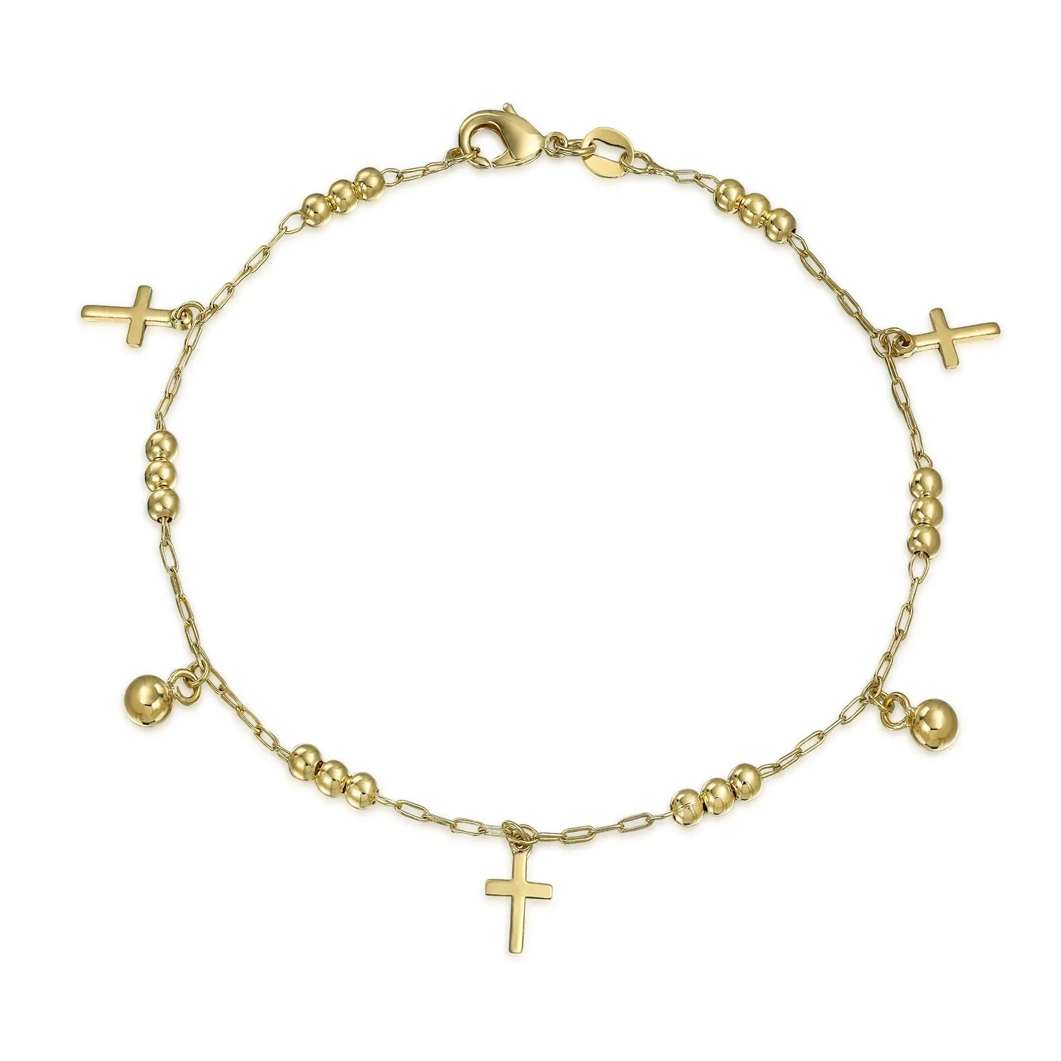 Christian Beads Bells Charm Cross Anklet Ankle Bracelet 18K Gold Plated 10 Inch