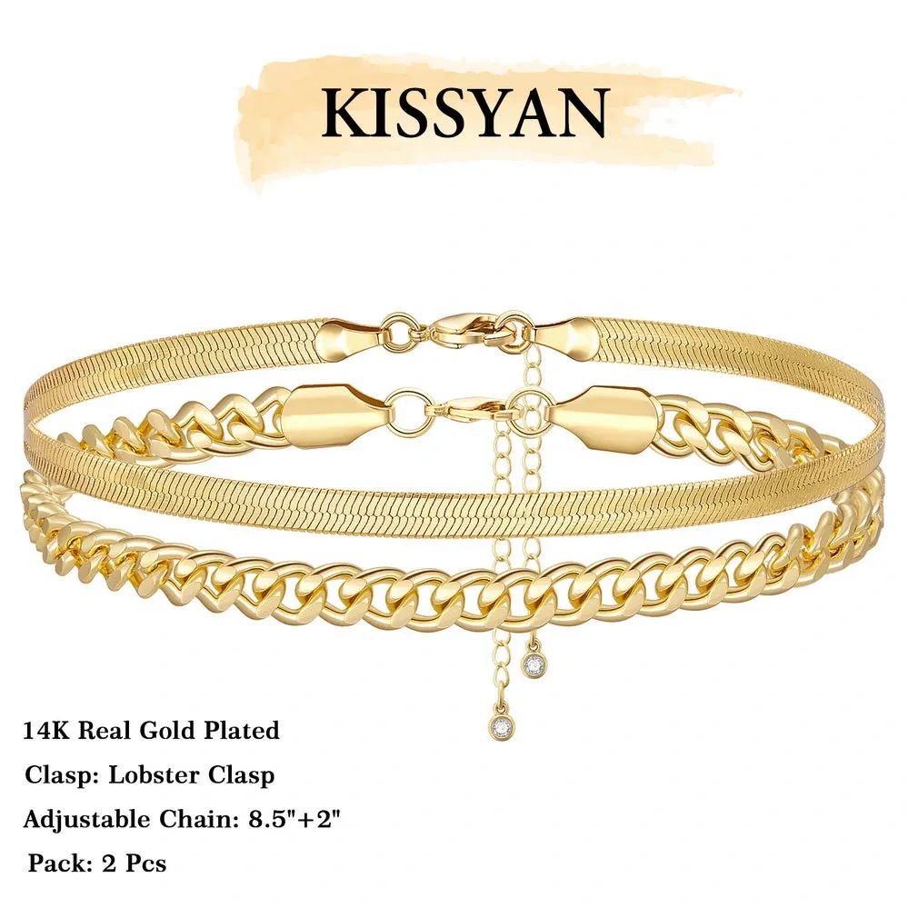 Dainty 14k Gold Plated Layering Anklets Bracelets Set-Cuban & Snake