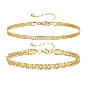 Dainty 14k Gold Plated Layering Anklets Bracelets Set-Cuban & Snake