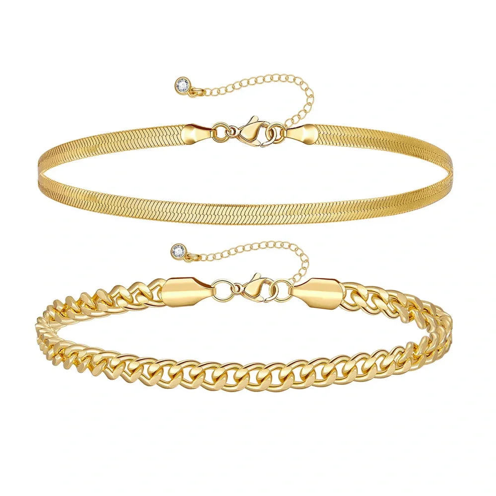 Dainty 14k Gold Plated Layering Anklets Bracelets Set-Cuban & Snake