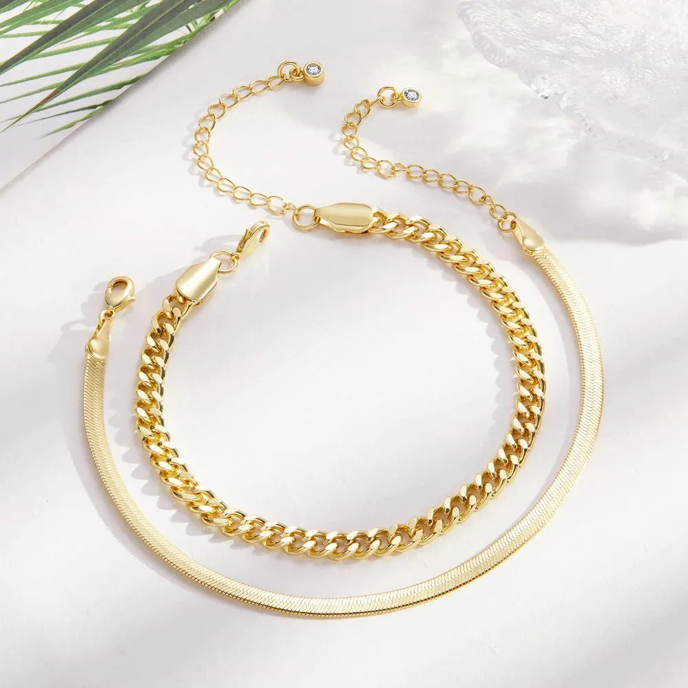 Dainty 14k Gold Plated Layering Anklets Bracelets Set-Cuban & Snake