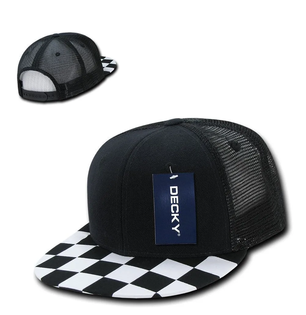 Decky Flat Bill Checkered Racing Flag 6 Panel Trucker Hats Caps Snapback