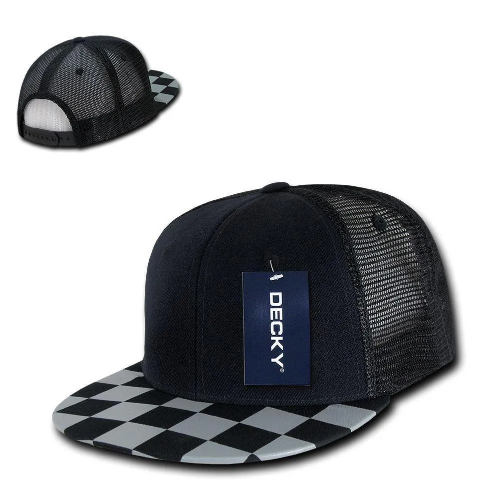 Decky Flat Bill Checkered Racing Flag 6 Panel Trucker Hats Caps Snapback