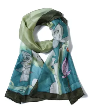 Deluxe Long Hand Painted Satin Silk Scarf Lotus Dragonfly