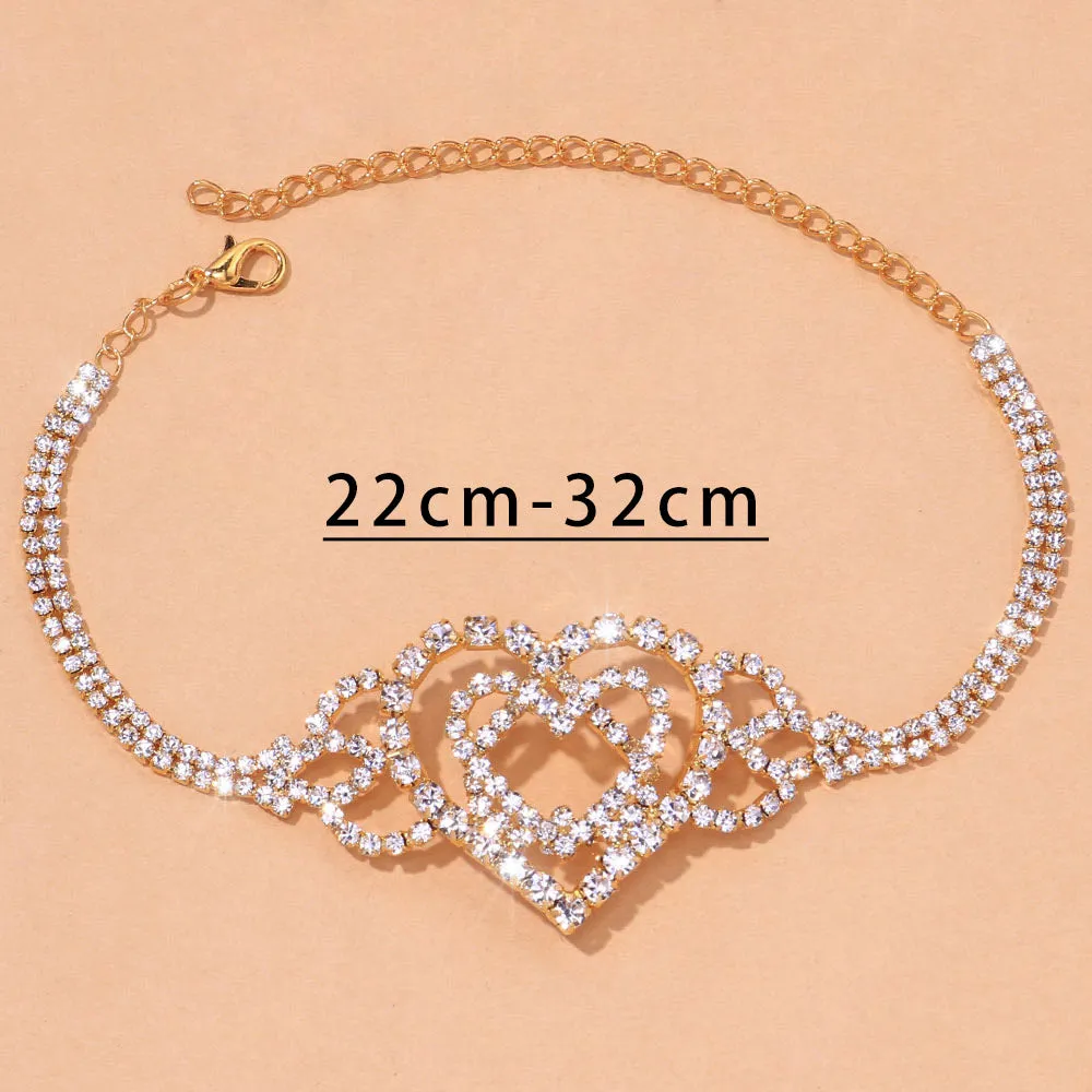 Double Heart Anklet Rhinestone Chain Jewelry Love Foot Chain Anklet