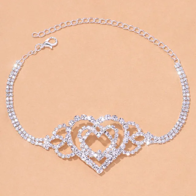 Double Heart Anklet Rhinestone Chain Jewelry Love Foot Chain Anklet