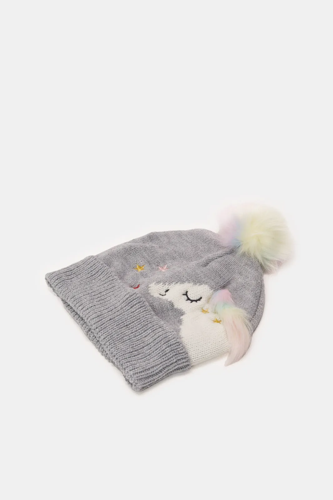 Girls Grey Unicorn Cap With Gloves (3 Piece)