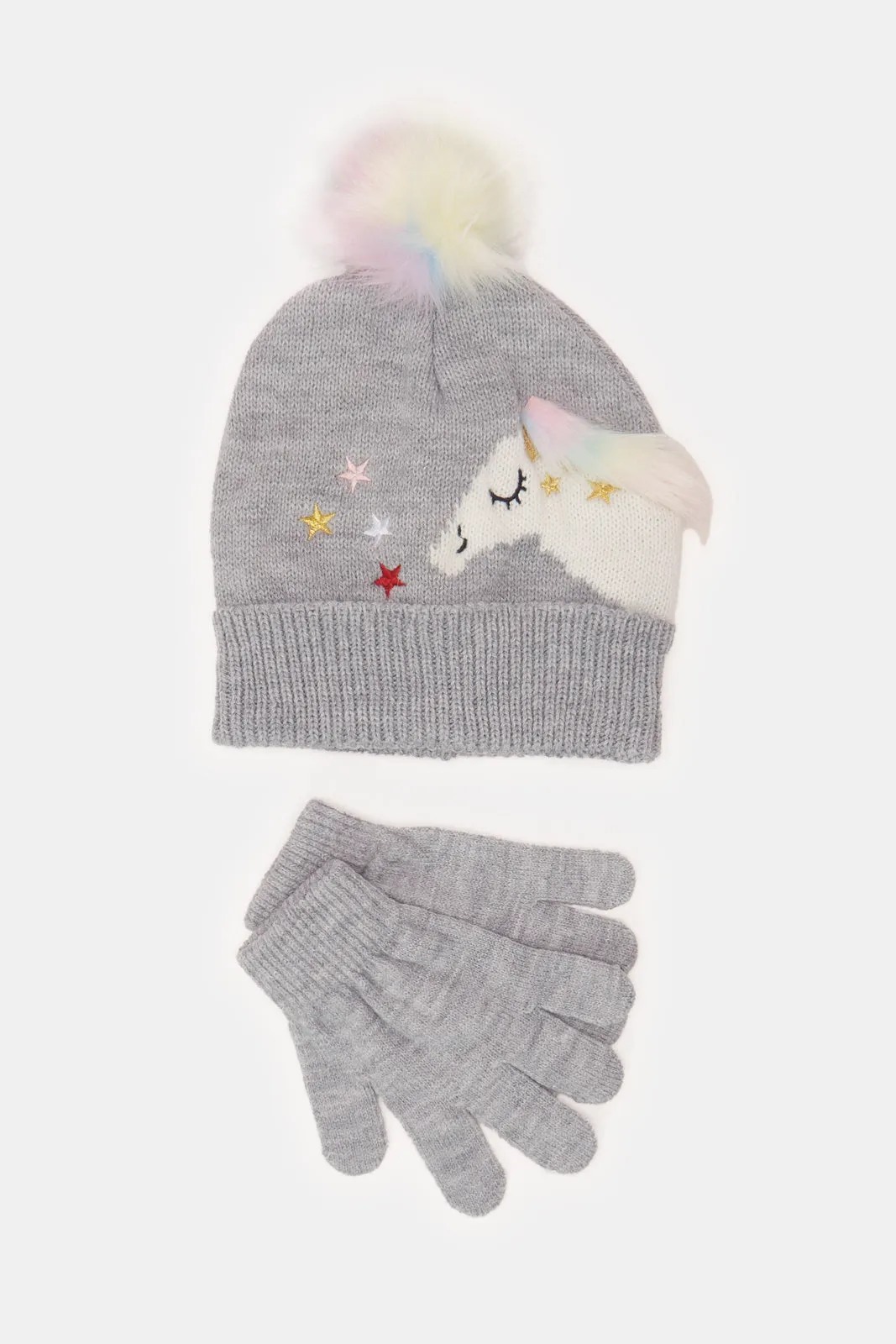 Girls Grey Unicorn Cap With Gloves (3 Piece)