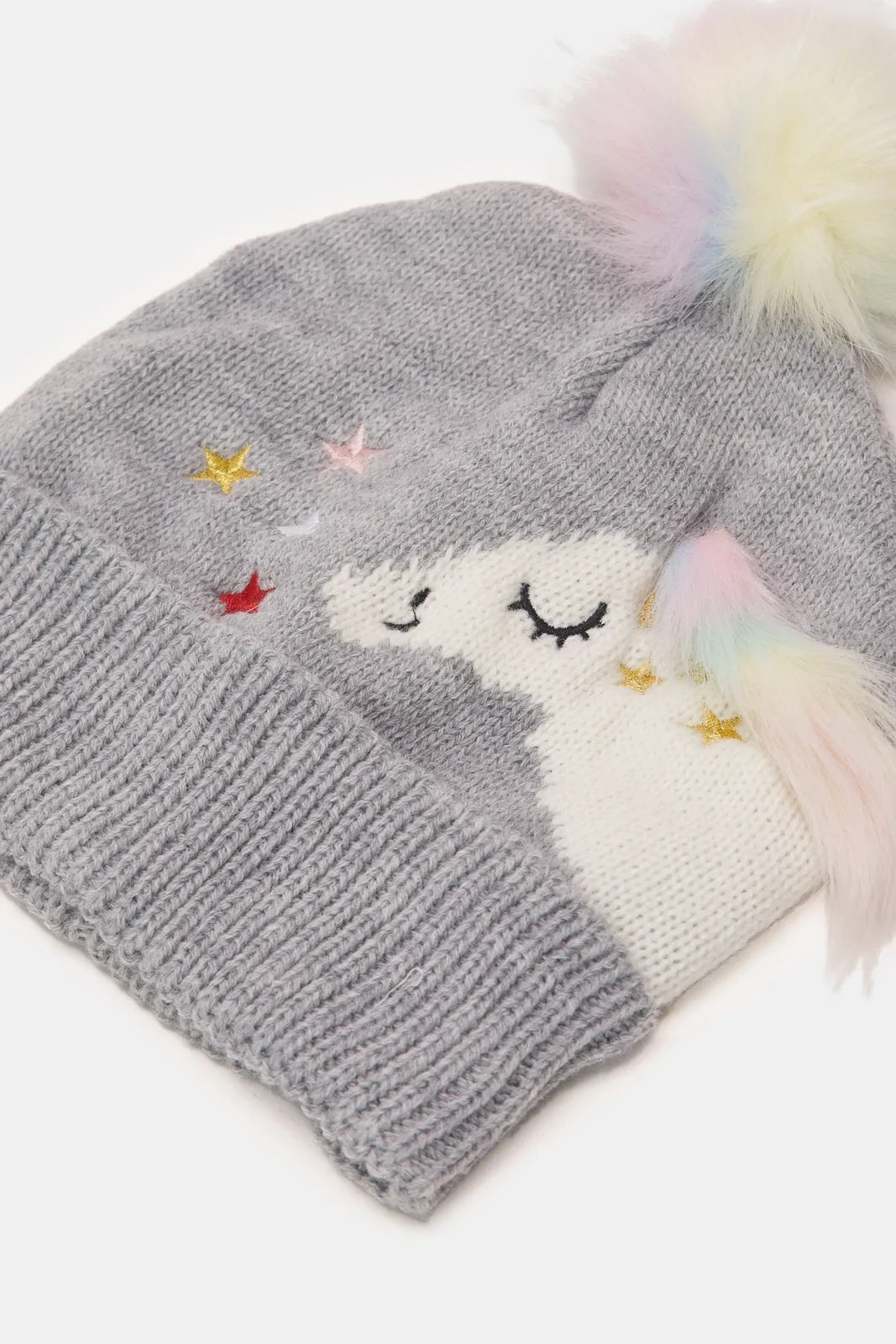 Girls Grey Unicorn Cap With Gloves (3 Piece)