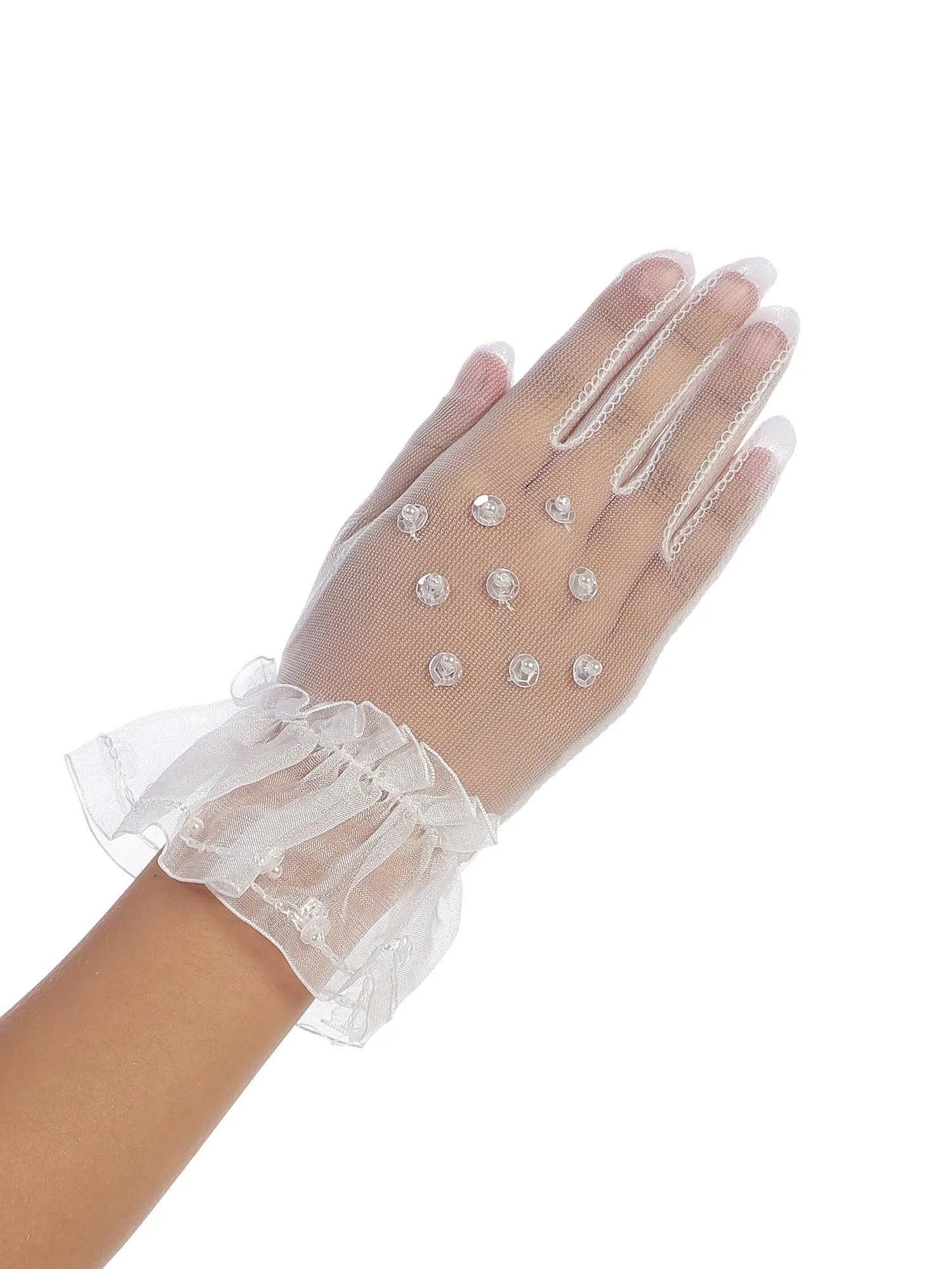 Girls White Beadwork Sheer Special Occasion Communion Flower Girl Gloves 0-14