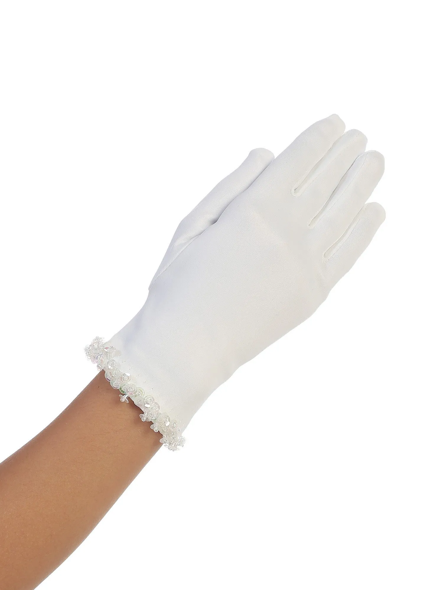 Girls White Matte Satin Beaded Accent Communion Flower Girl Gloves 0-14