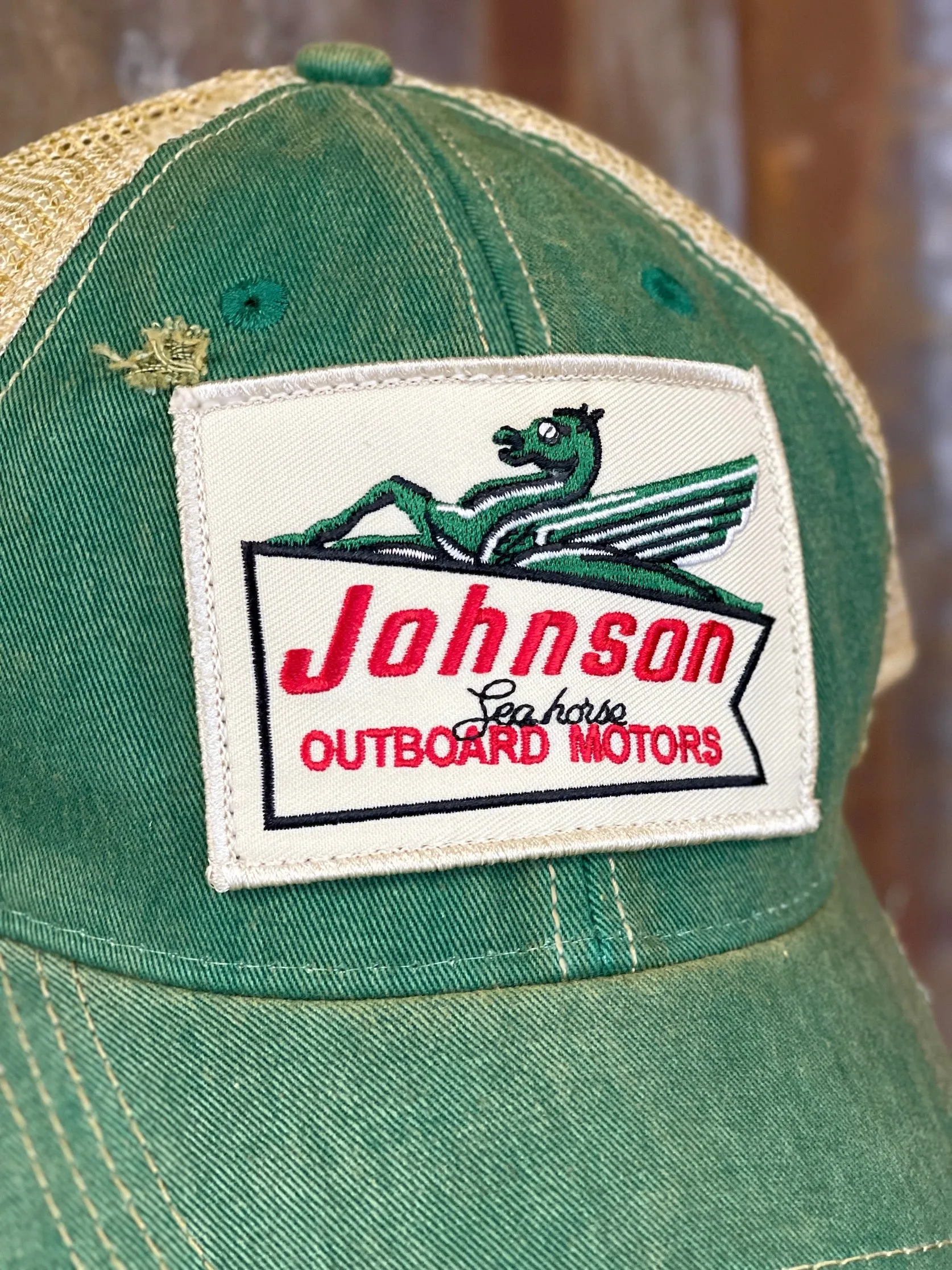 Johnson Seahorse "green horse" Hat- Distressed Kelly Green Snapback