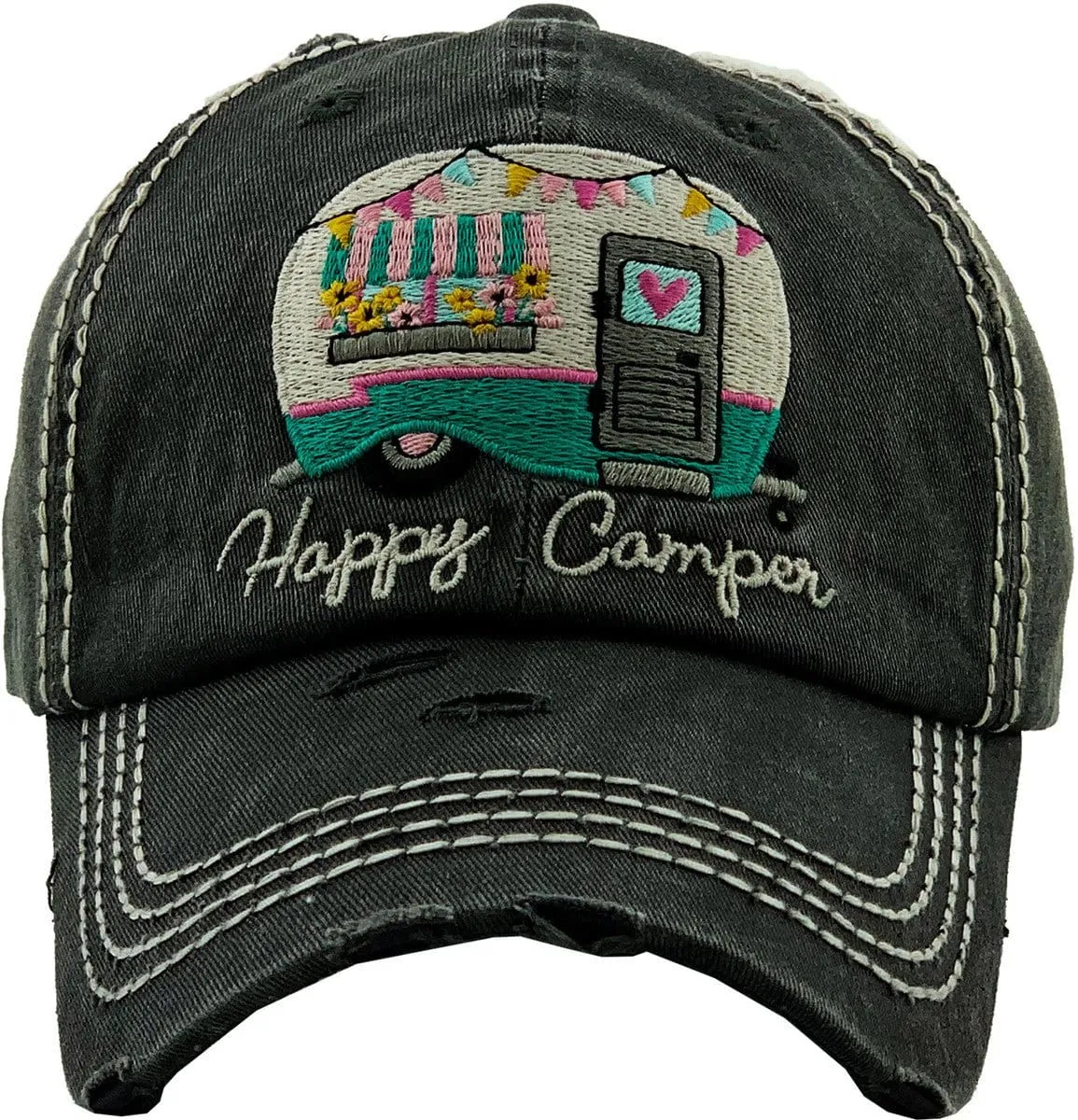 KBV1276 "HAPPY CAMPER" Vintage Washed Baseball Cap