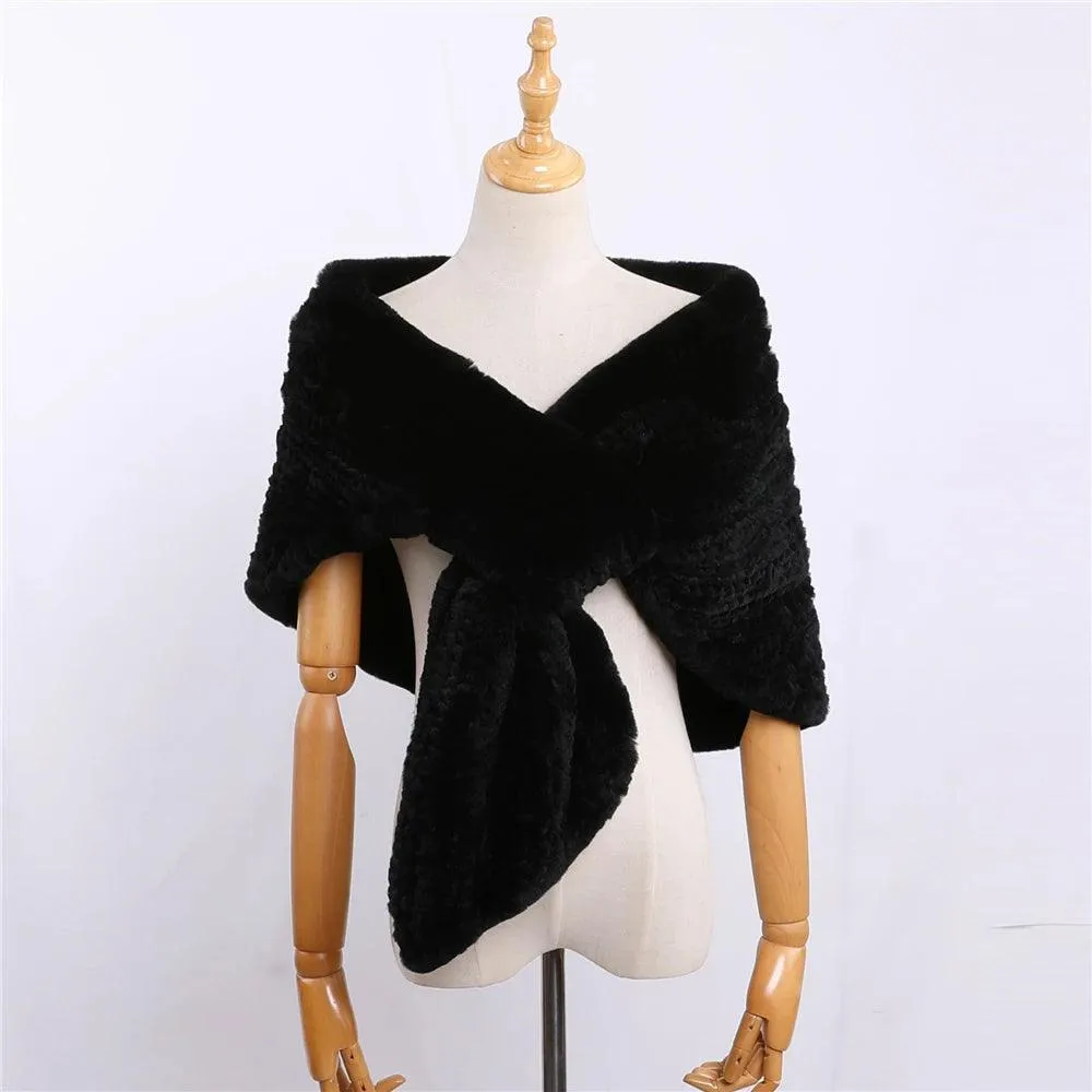 Luxury Hand Knitted Women's Winter Rex Rabbit Fur Cape Shawl