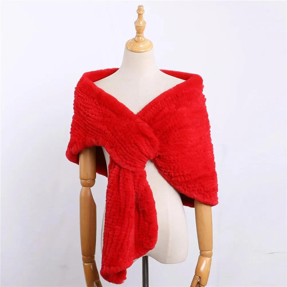 Luxury Hand Knitted Women's Winter Rex Rabbit Fur Cape Shawl