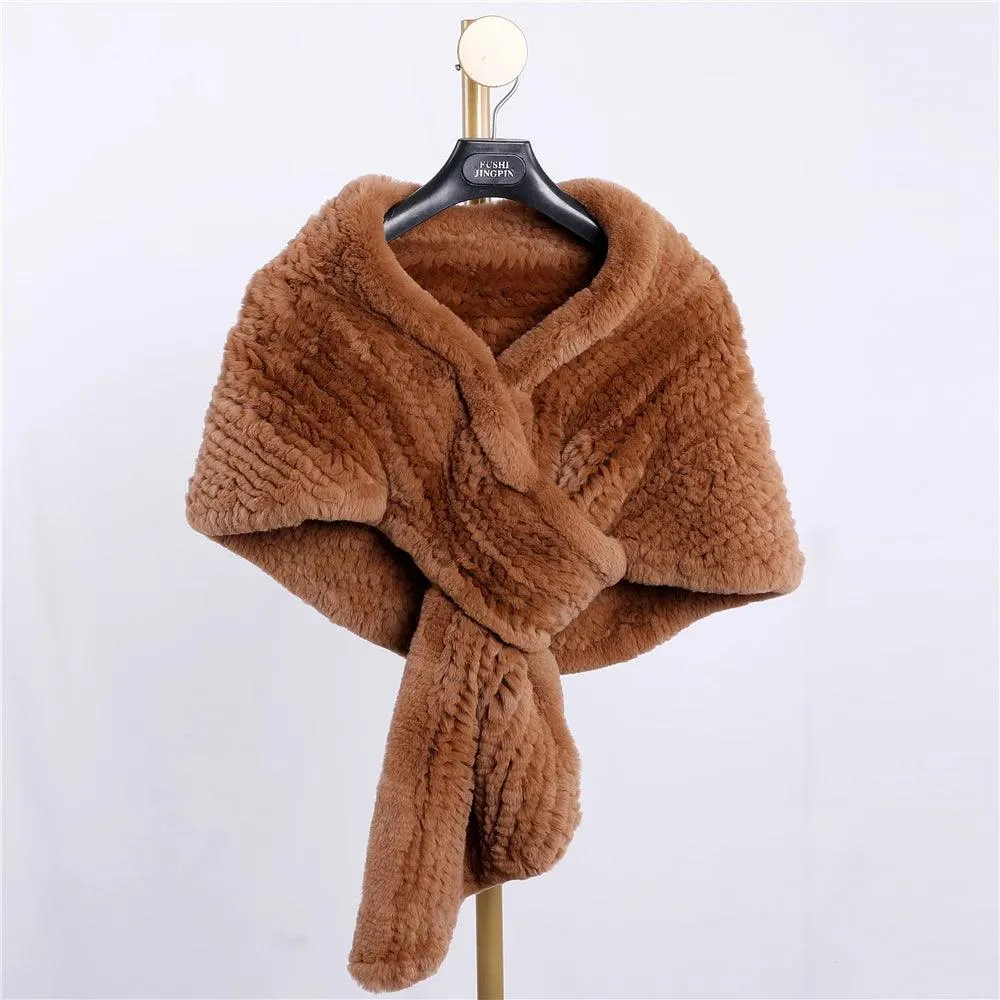 Luxury Hand Knitted Women's Winter Rex Rabbit Fur Cape Shawl