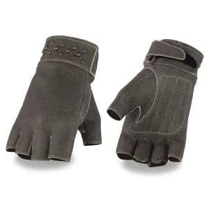 Milwaukee Leather MG7761 Women's Grey Leather Gel Palm Fingerless Motorcycle Hand Gloves W/ Stylish ‘Wrist Detailing’