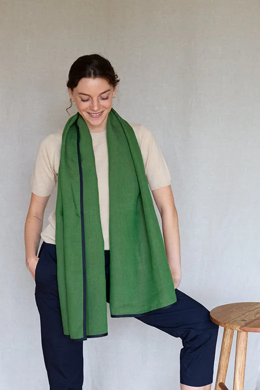 Moss Green with Navy Trim High Five Linen Scarf