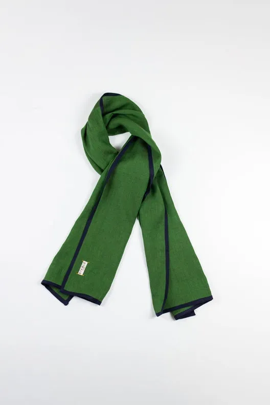 Moss Green with Navy Trim High Five Linen Scarf