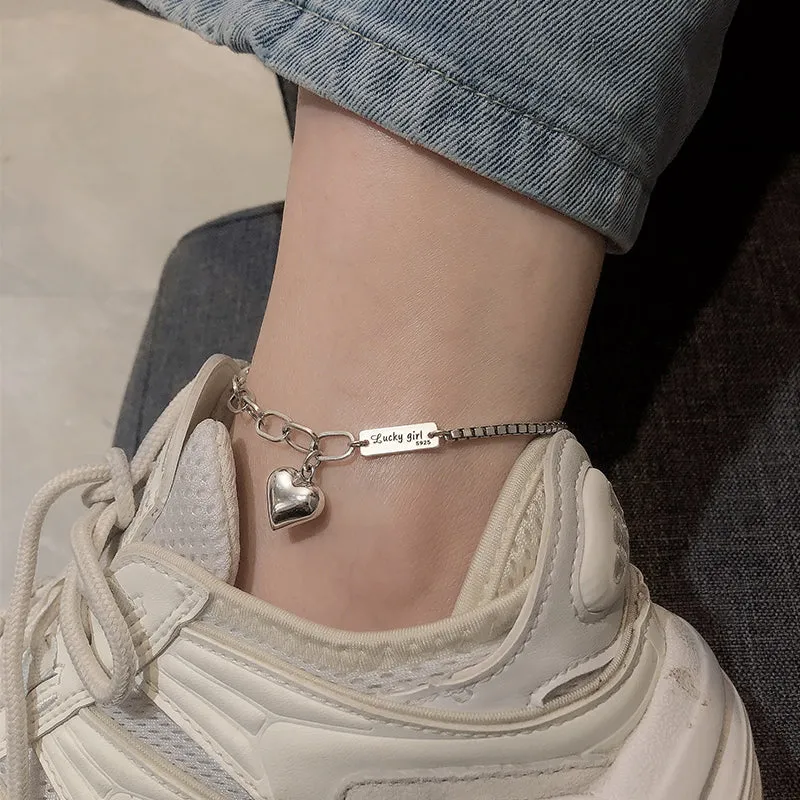 Punk Style Niche Design Rectangular Letter Heart-shaped Anklet