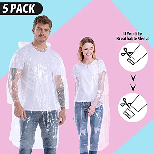 Rain Ponchos for Adults - Disposable 5-10 Pack Plastic Raincoat