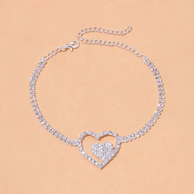 Rhinestone Double Heart Anklet for Women Hollow Out Love Foot Anklet