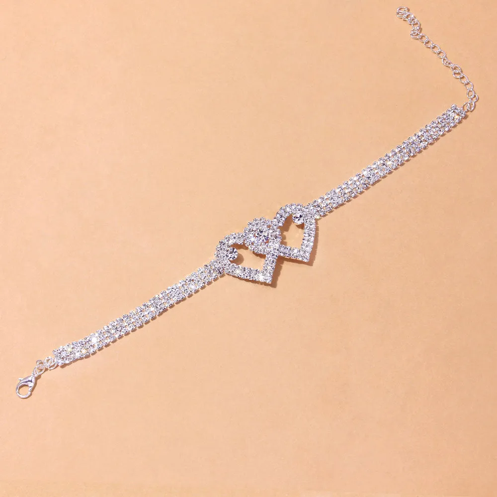 Rhinestone Double Heart Anklet for Women Hollow Out Love Foot Anklet