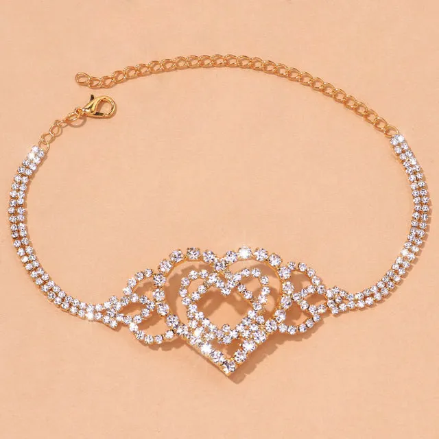 Rhinestone Double Heart Anklet for Women Hollow Out Love Foot Anklet