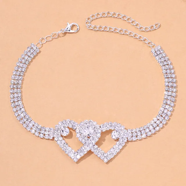 Rhinestone Double Heart Anklet for Women Hollow Out Love Foot Anklet