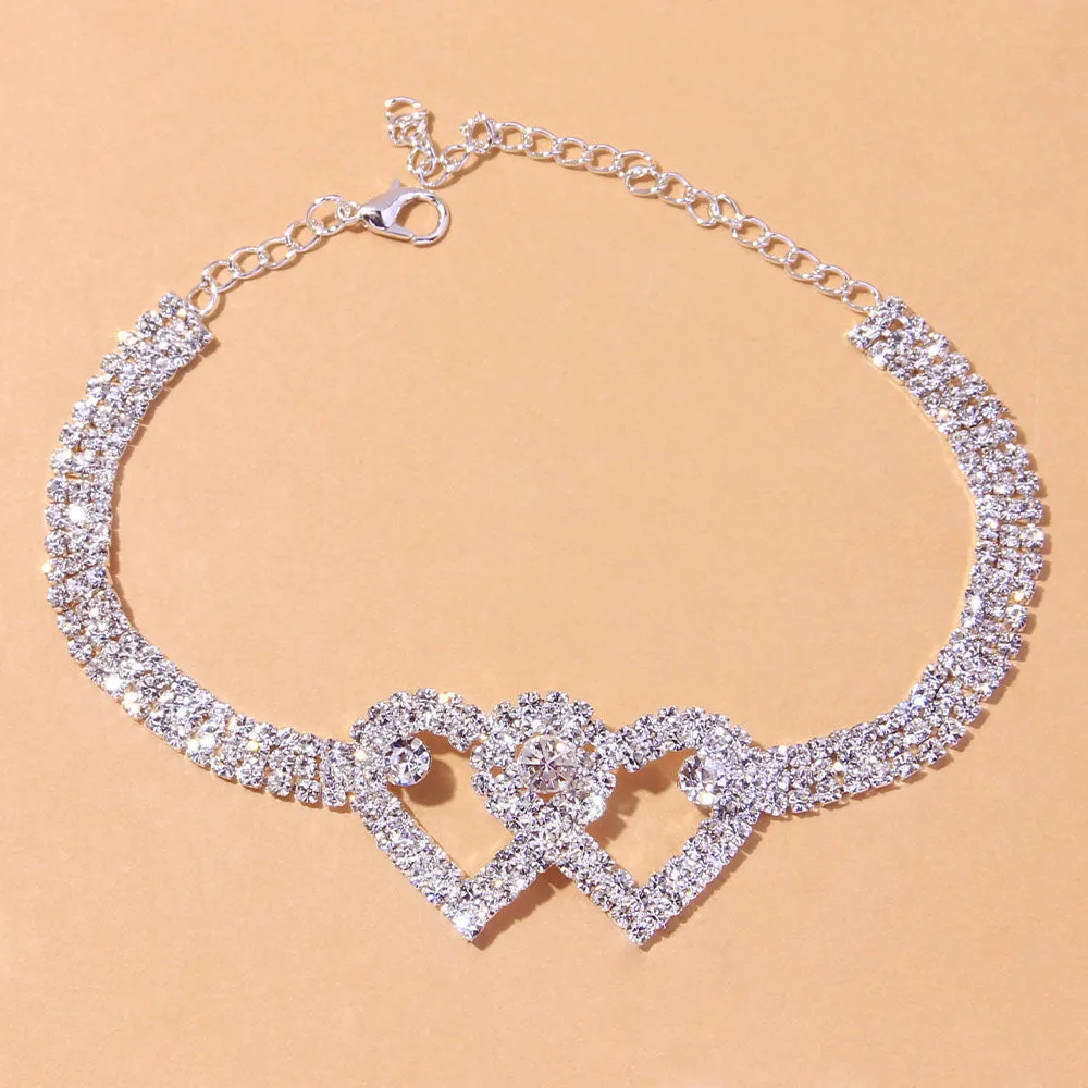 Rhinestone Double Heart Anklet for Women Hollow Out Love Foot Anklet